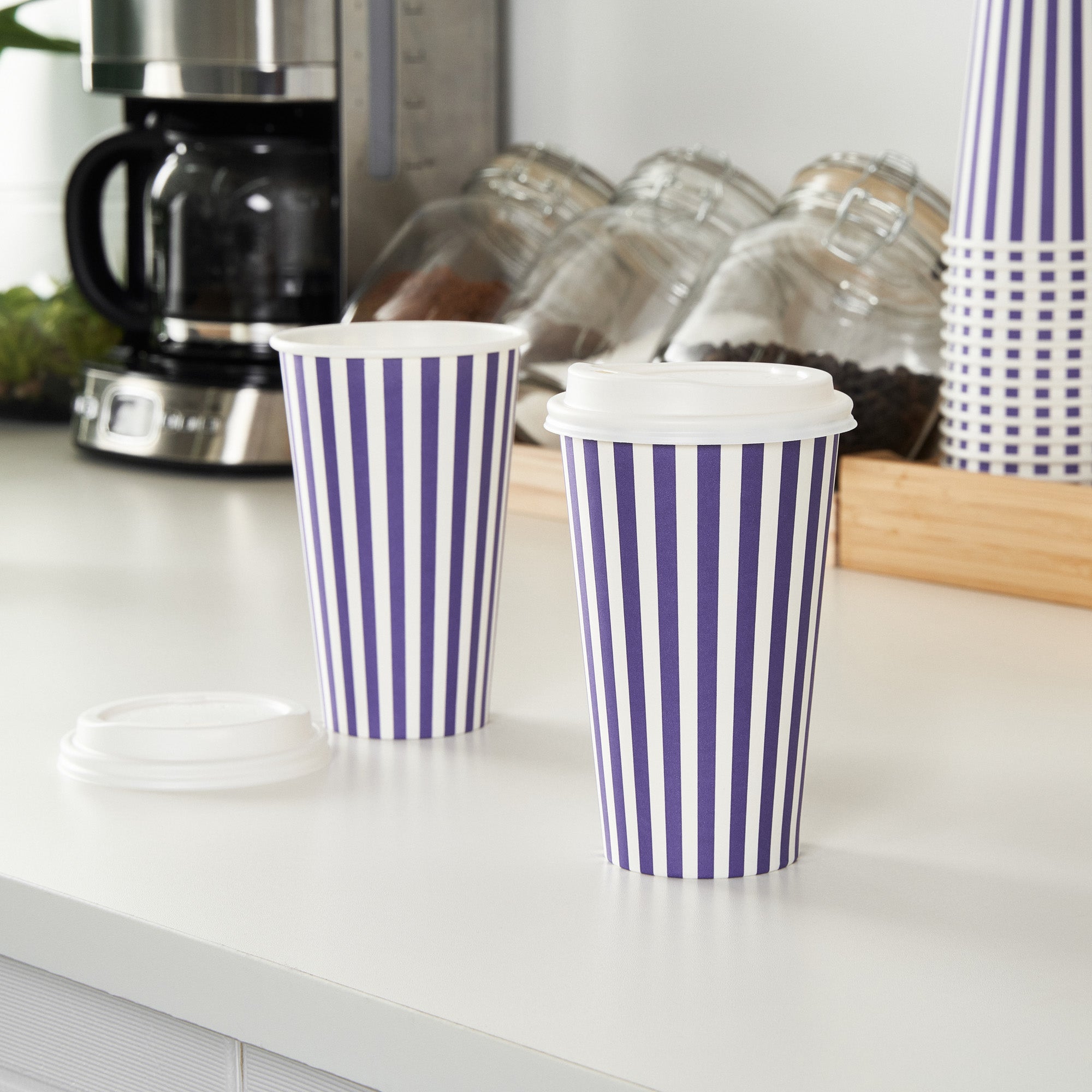 Restpresso 16 oz Purple and White Stripe Paper Single Wall Coffee Cup - with White Lid - 3 1/2"x 3 1/2"x 5 3/4" - 400 count box