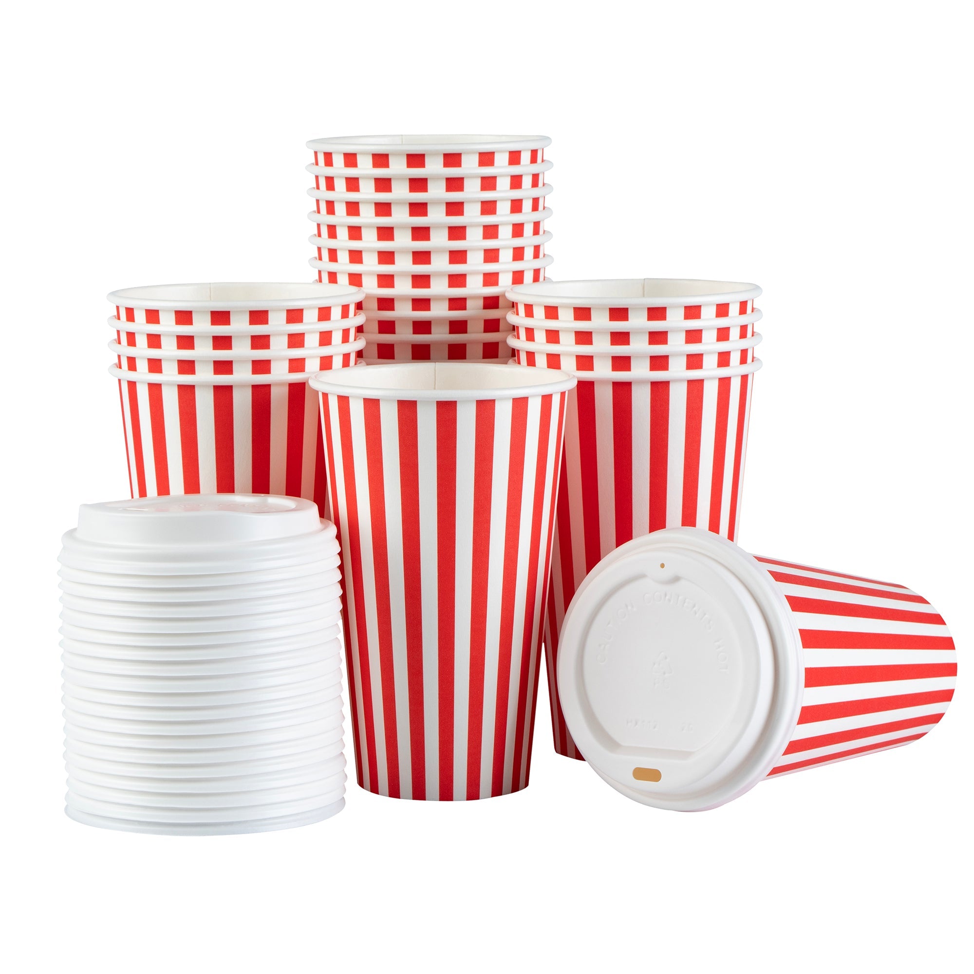 Restpresso 16 oz Red and White Stripe Paper Single Wall Coffee Cup - with White Lid - 3 1/2"x 3 1/2"x 5 3/4" - 400 count box