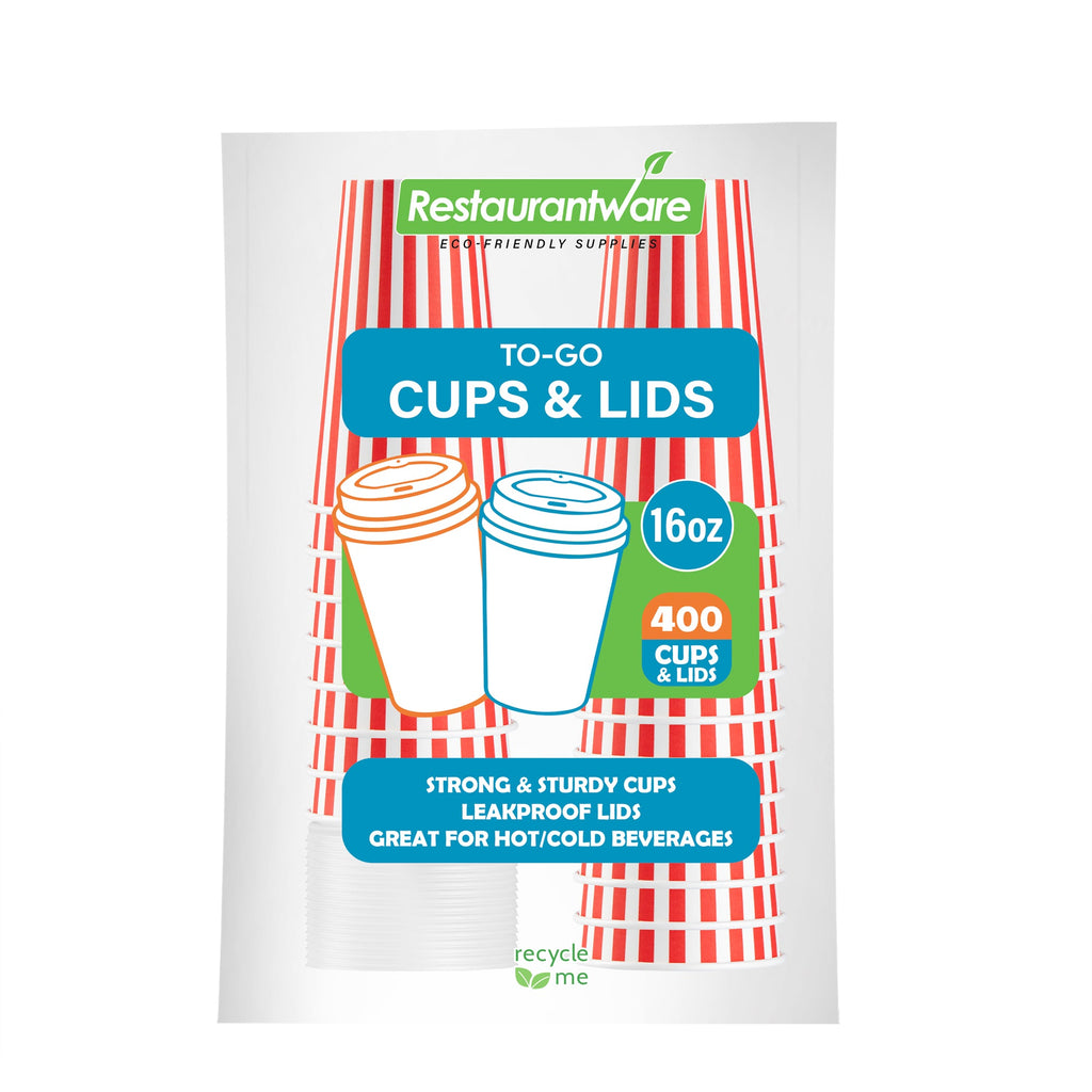 Restpresso 16 oz Red and White Stripe Paper Single Wall Coffee Cup - with White Lid - 3 1/2"x 3 1/2"x 5 3/4" - 20 count box