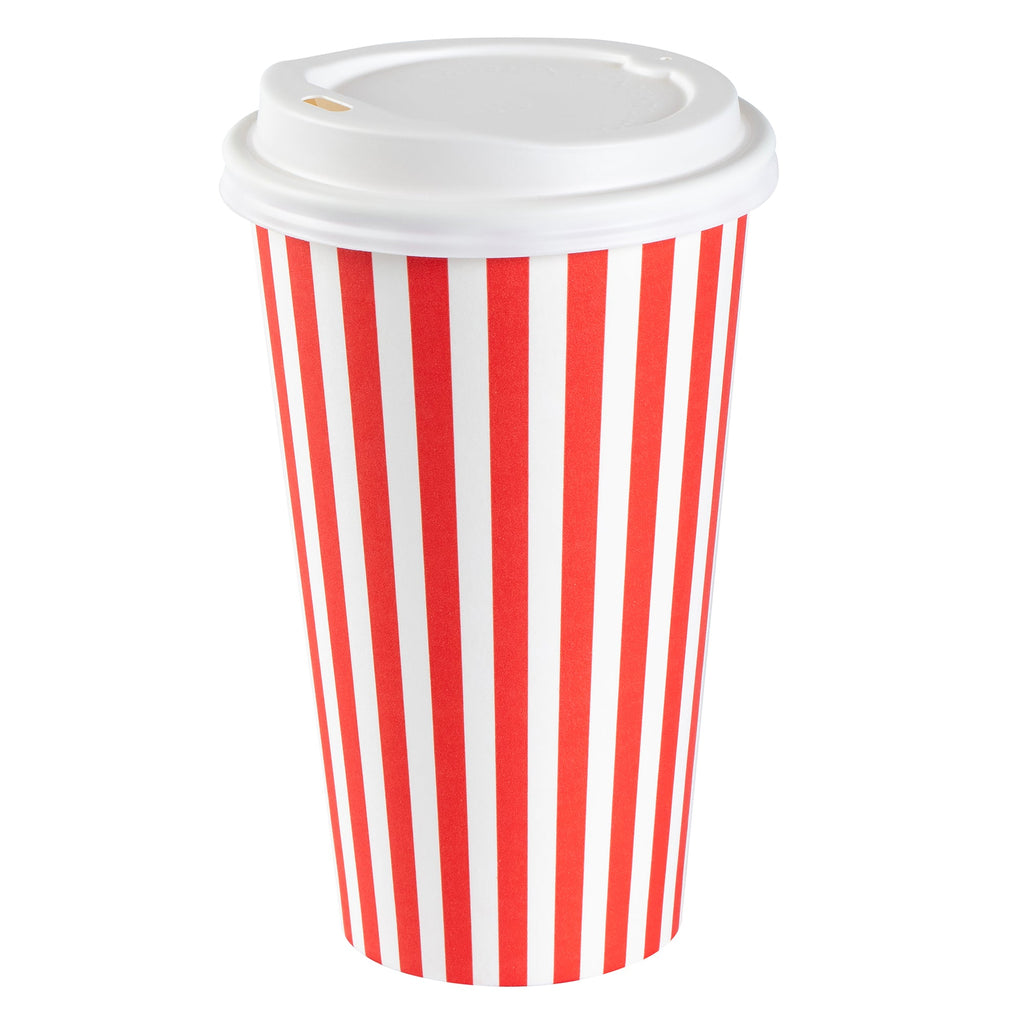 Restpresso 16 oz Red and White Stripe Paper Single Wall Coffee Cup - with White Lid - 3 1/2"x 3 1/2"x 5 3/4" - 20 count box