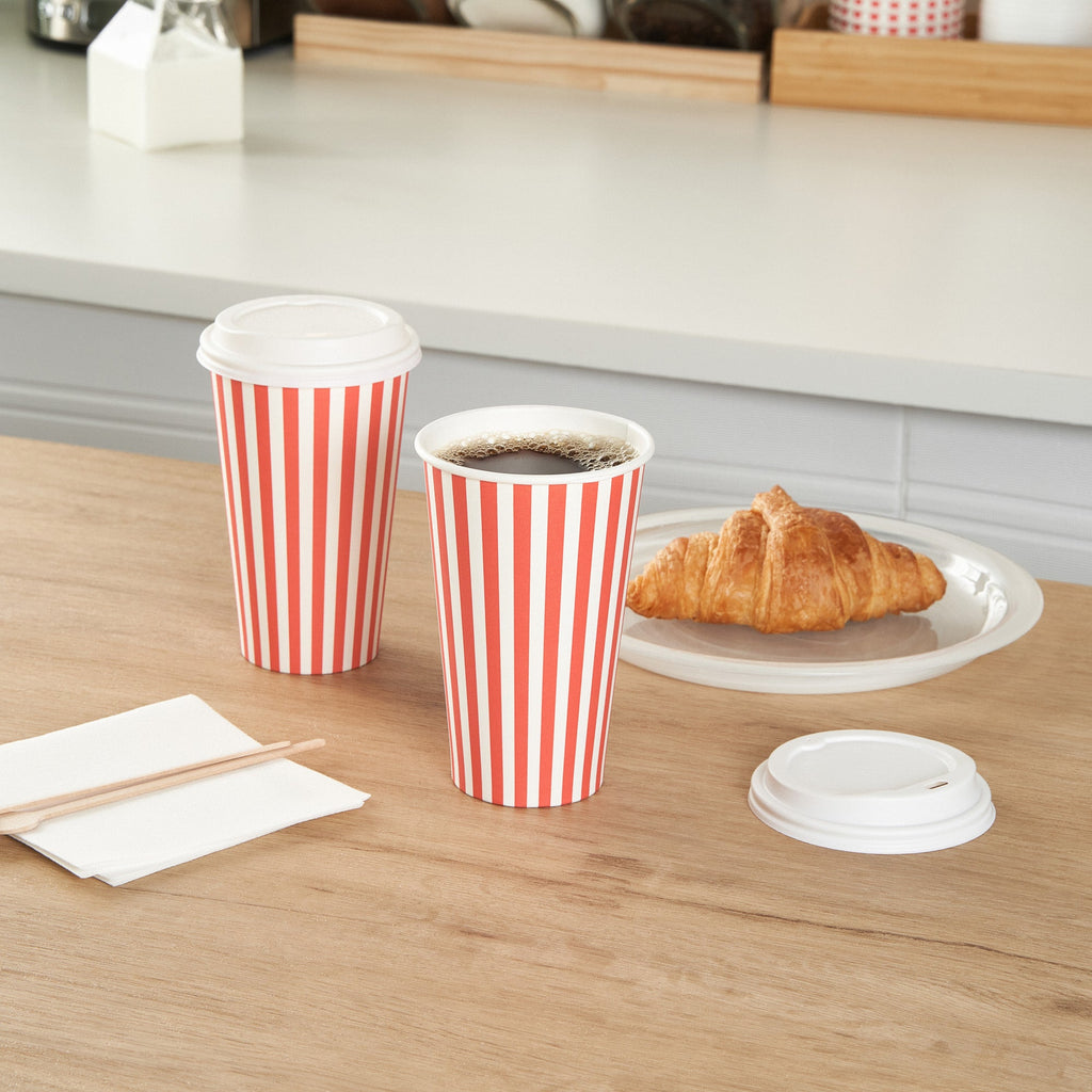 Restpresso 16 oz Red and White Stripe Paper Single Wall Coffee Cup - with White Lid - 3 1/2"x 3 1/2"x 5 3/4" - 20 count box