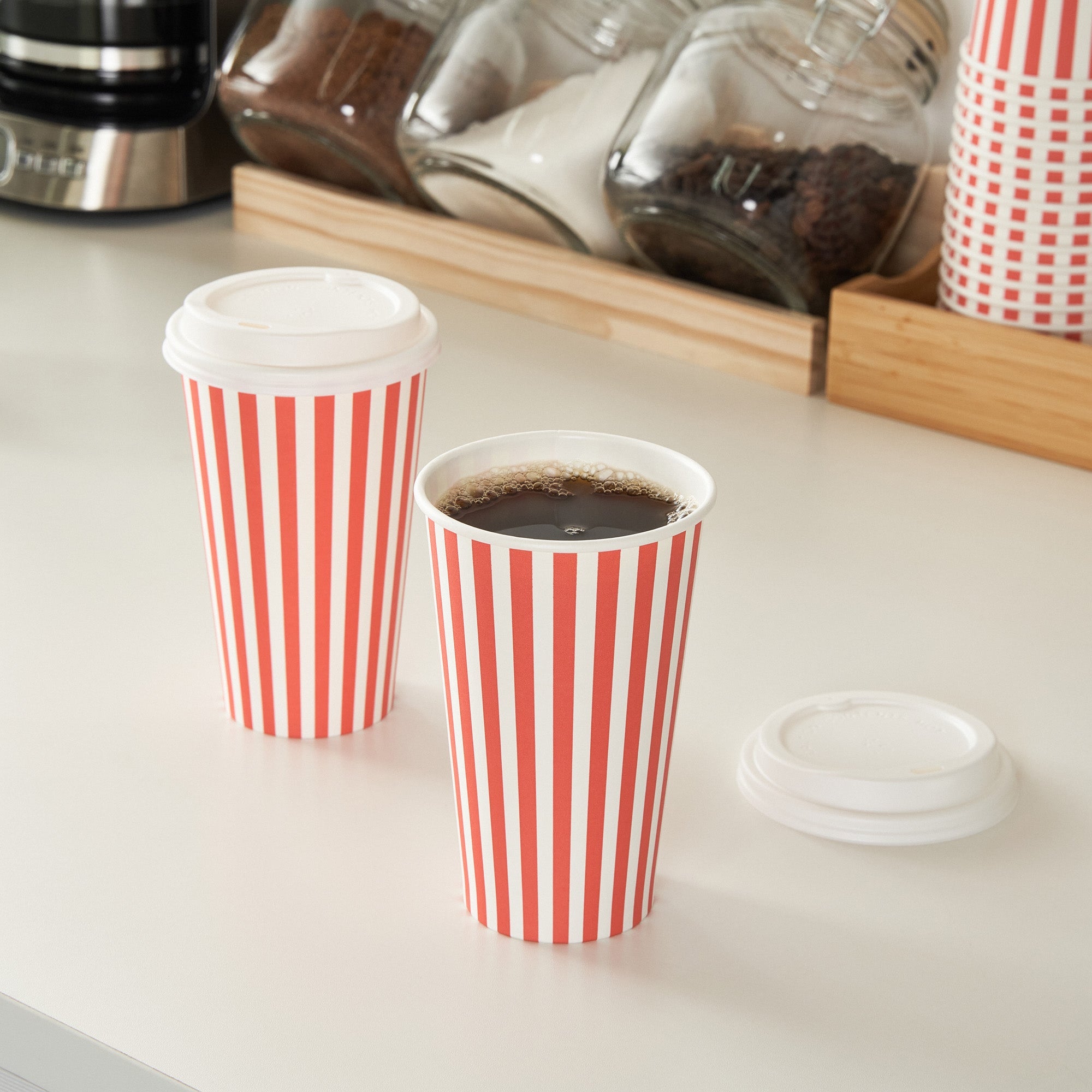 Restpresso 16 oz Red and White Stripe Paper Single Wall Coffee Cup - with White Lid - 3 1/2"x 3 1/2"x 5 3/4" - 400 count box