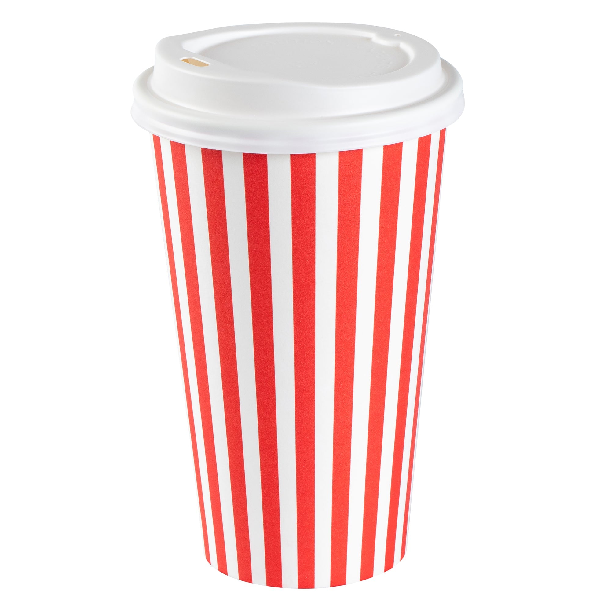 Restpresso 16 oz Red and White Stripe Paper Single Wall Coffee Cup - with White Lid - 3 1/2"x 3 1/2"x 5 3/4" - 400 count box