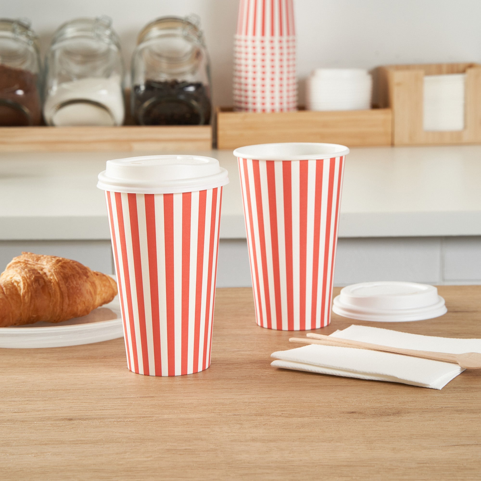 Restpresso 16 oz Red and White Stripe Paper Single Wall Coffee Cup - with White Lid - 3 1/2"x 3 1/2"x 5 3/4" - 400 count box