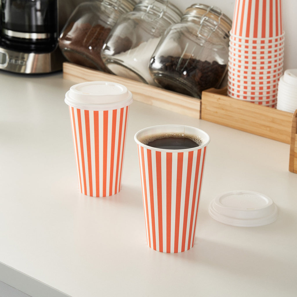 Restpresso 16 oz Orange and White Stripe Paper Single Wall Coffee Cup - with White Lid - 3 1/2"x 3 1/2"x 5 3/4" - 400 count box