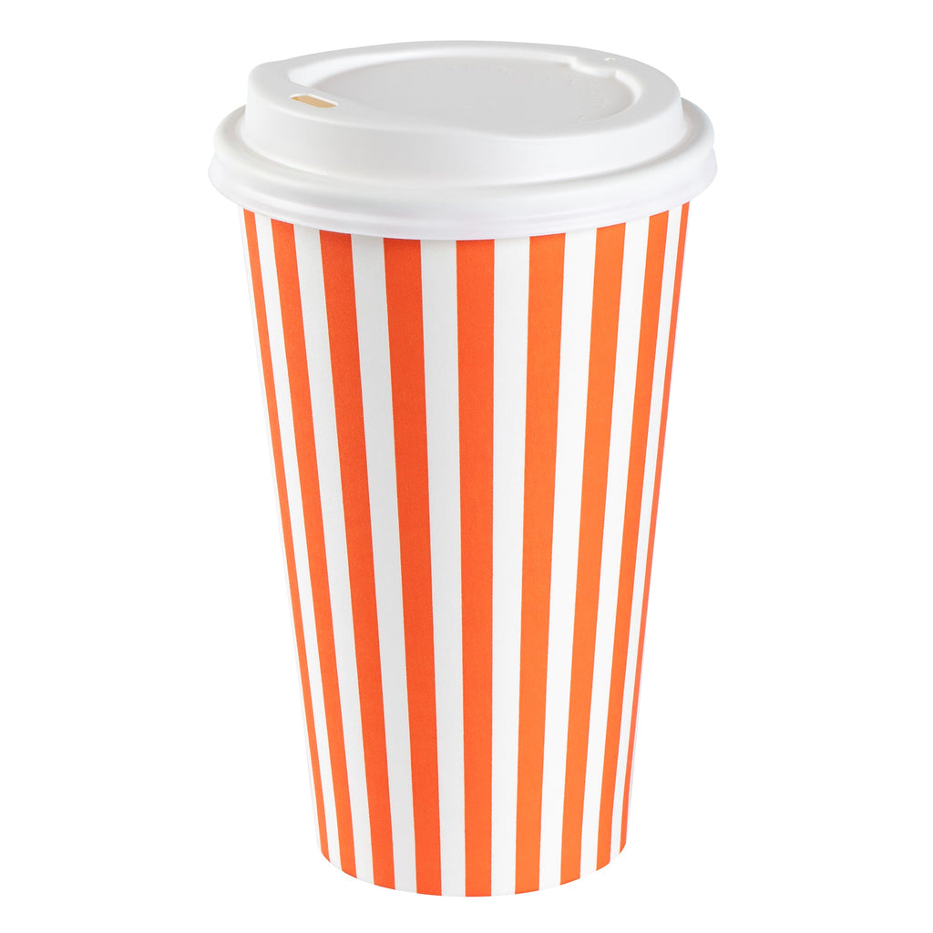 Restpresso 16 oz Orange and White Stripe Paper Single Wall Coffee Cup - with White Lid - 3 1/2"x 3 1/2"x 5 3/4" - 400 count box
