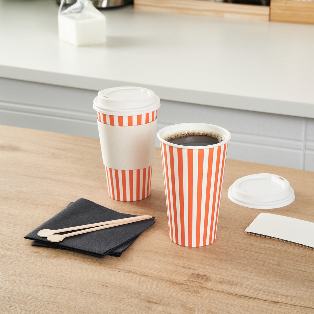 Restpresso 16 oz Orange and White Stripe Paper Single Wall Coffee Cup - with White Lid - 3 1/2"x 3 1/2"x 5 3/4" - 400 count box