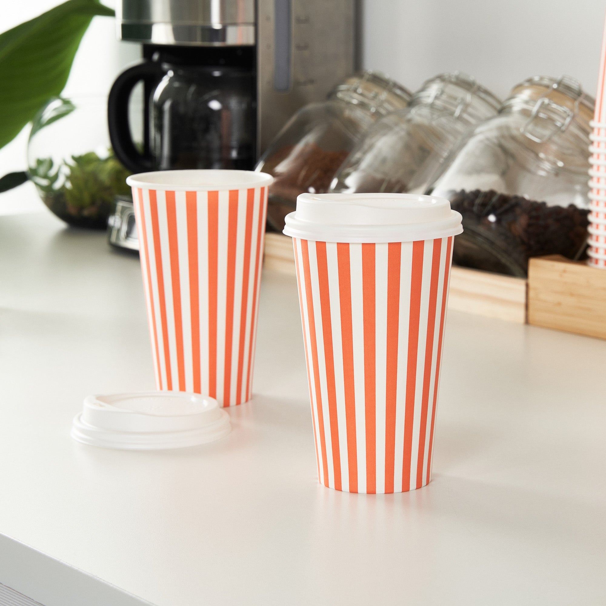 Restpresso 16 oz Orange and White Stripe Paper Single Wall Coffee Cup - with White Lid - 3 1/2"x 3 1/2"x 5 3/4" - 400 count box