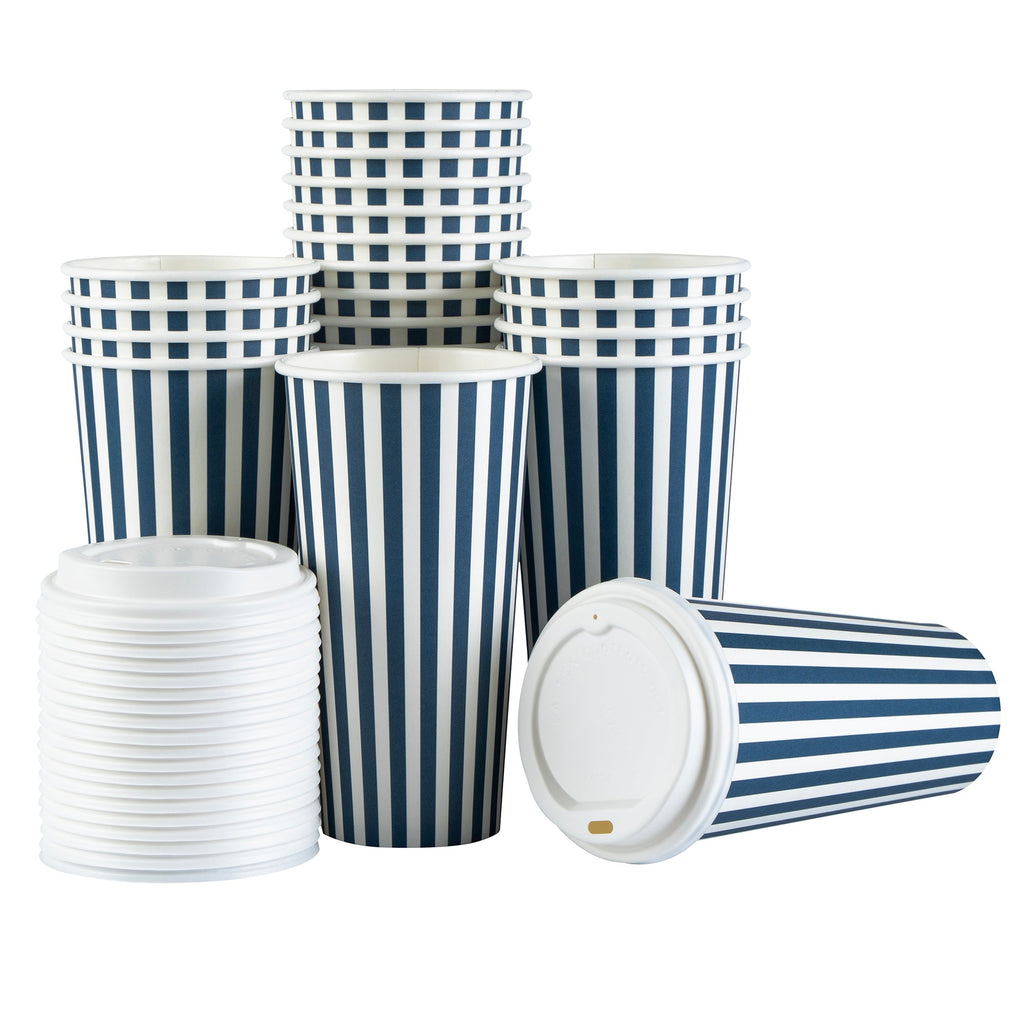 Restpresso 20 oz Blue and White Stripe Paper Single Wall Coffee Cup - with White Lid - 3 1/2"x 3 1/2"x 6 1/2" - 400 count box