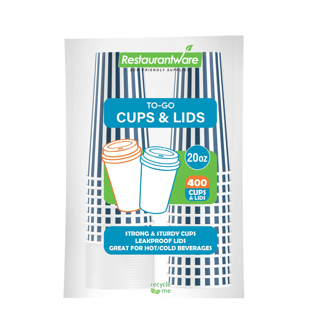Restpresso 20 oz Blue and White Stripe Paper Single Wall Coffee Cup - with White Lid - 3 1/2"x 3 1/2"x 6 1/2" - 20 count box