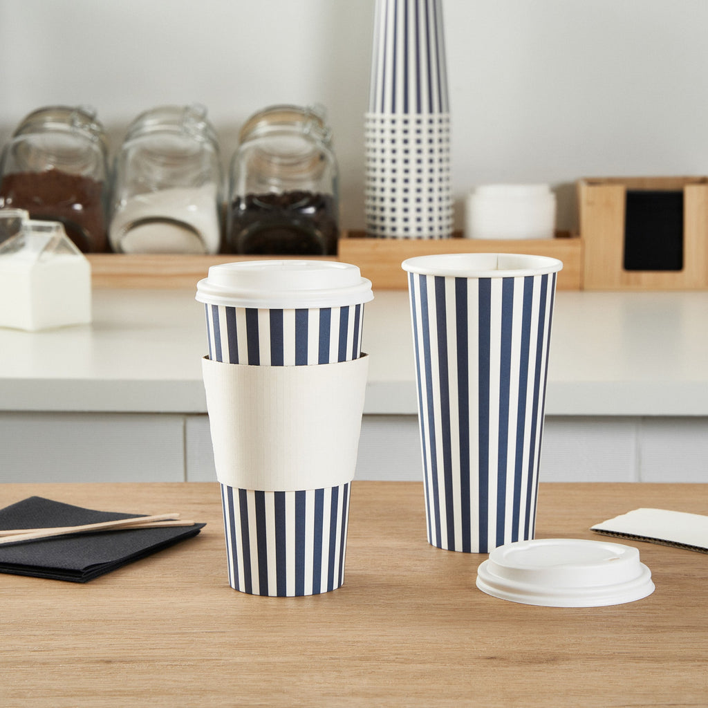 Restpresso 20 oz Blue and White Stripe Paper Single Wall Coffee Cup - with White Lid - 3 1/2"x 3 1/2"x 6 1/2" - 20 count box