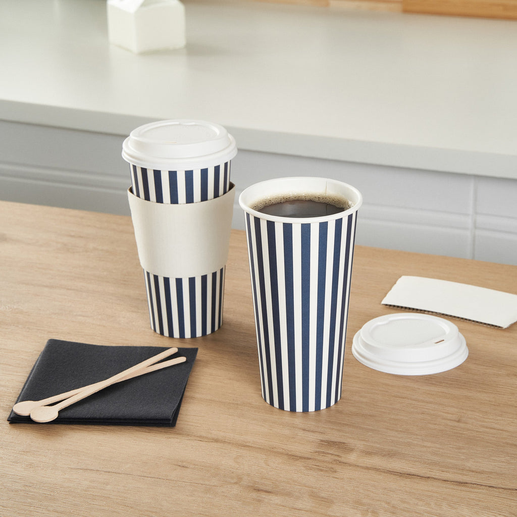 Restpresso 20 oz Blue and White Stripe Paper Single Wall Coffee Cup - with White Lid - 3 1/2"x 3 1/2"x 6 1/2" - 20 count box
