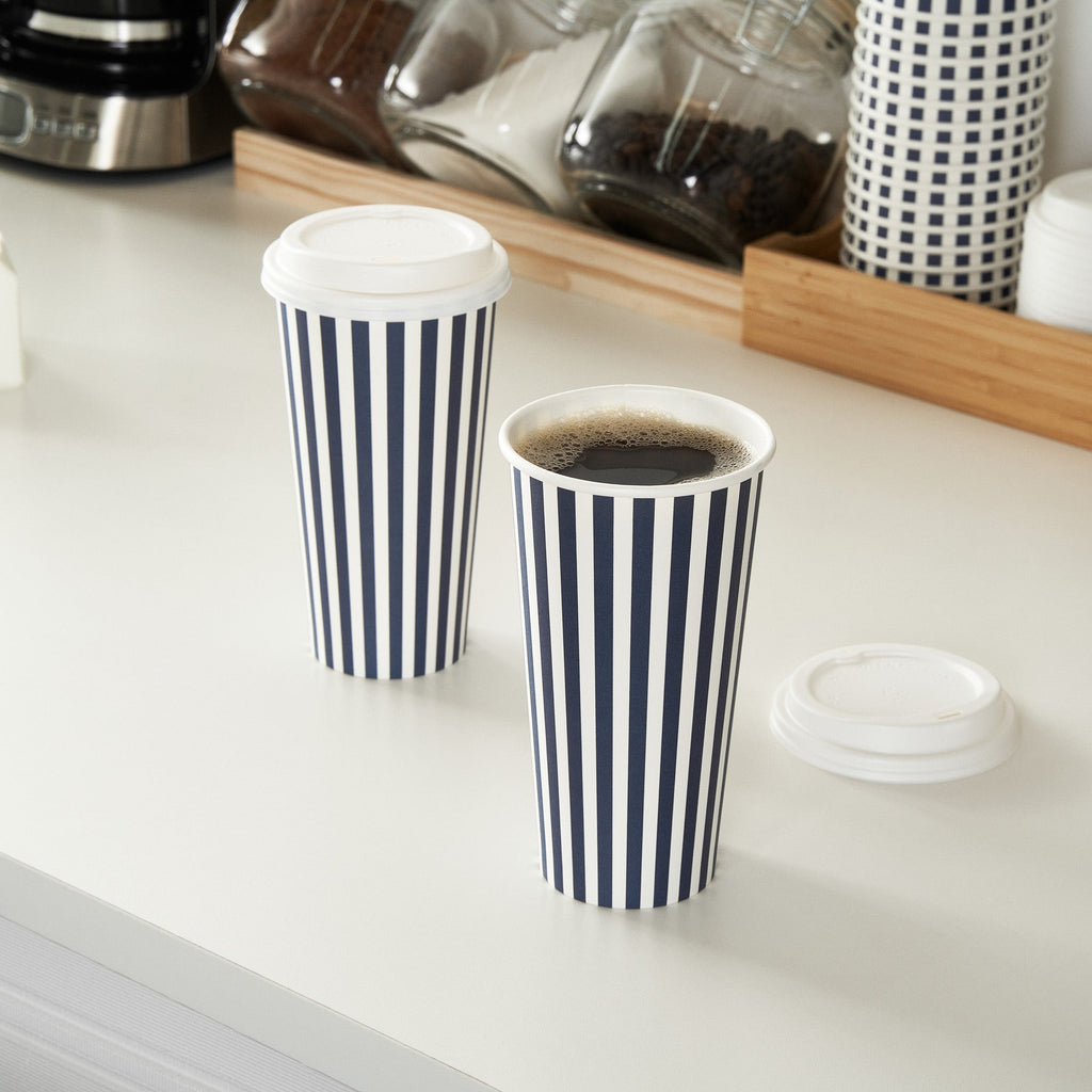 Restpresso 20 oz Blue and White Stripe Paper Single Wall Coffee Cup - with White Lid - 3 1/2"x 3 1/2"x 6 1/2" - 400 count box