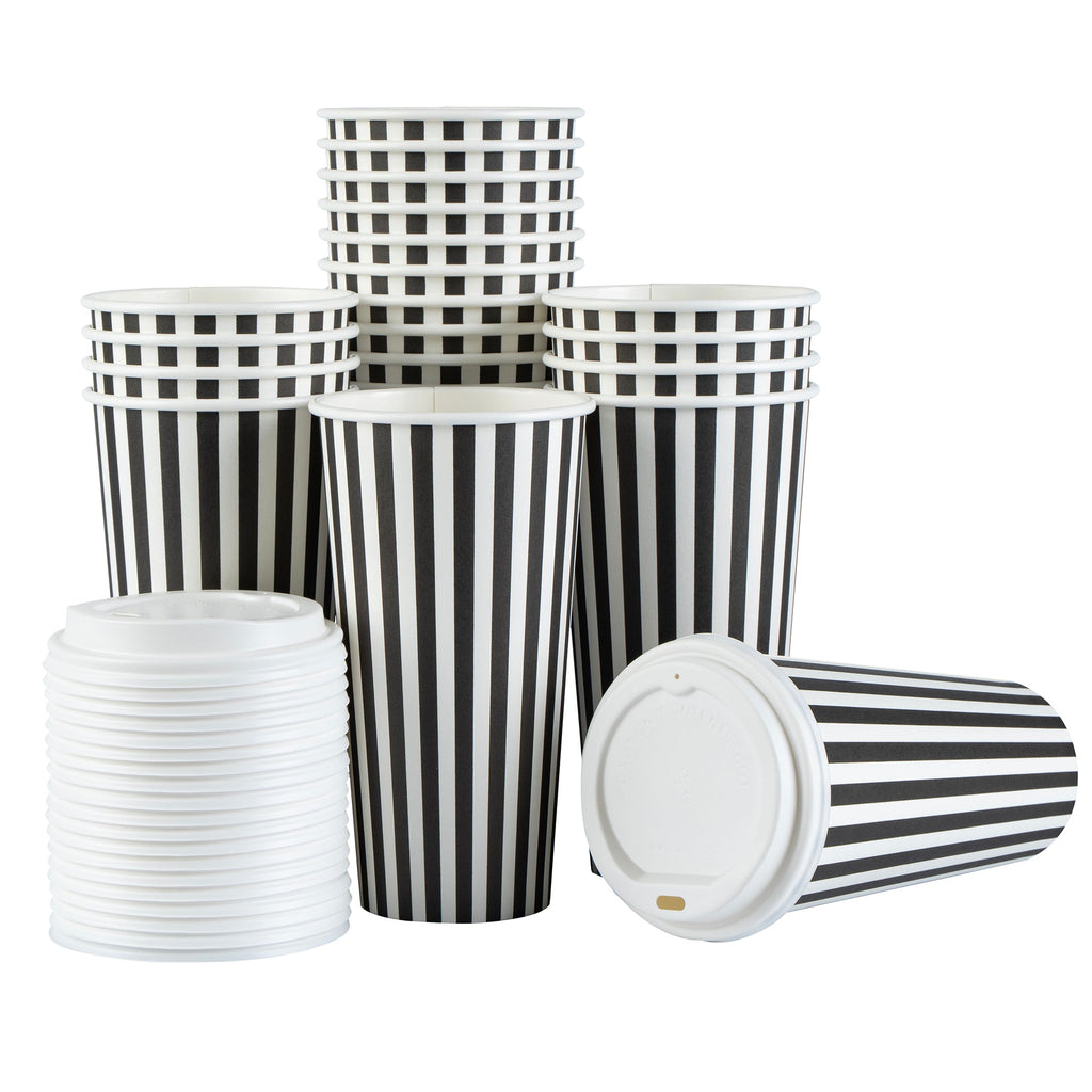Restpresso 20 oz Black and White Stripe Paper Single Wall Coffee Cup - with White Lid - 3 1/2"x 3 1/2"x 6 1/2" - 20 count box