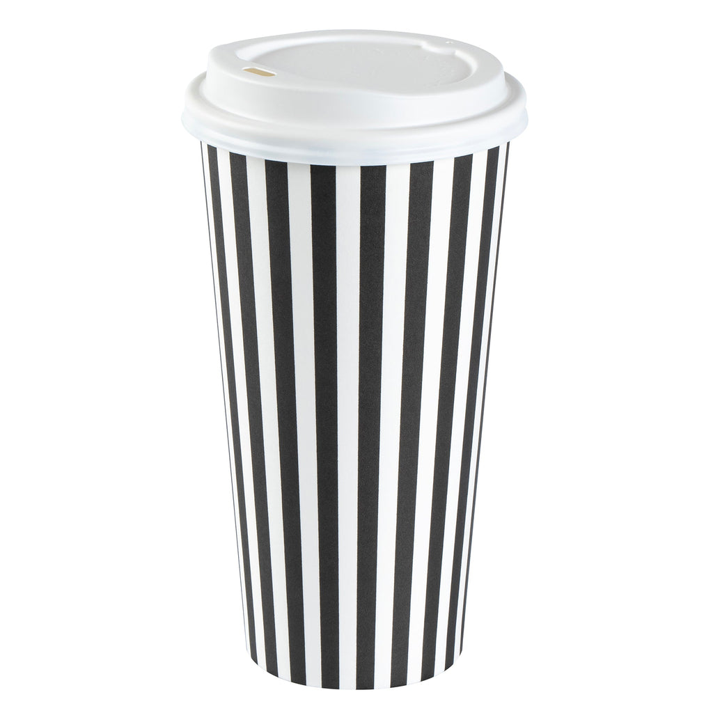 Restpresso 20 oz Black and White Stripe Paper Single Wall Coffee Cup - with White Lid - 3 1/2"x 3 1/2"x 6 1/2" - 20 count box