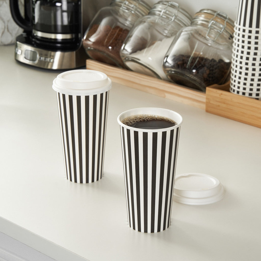 Restpresso 20 oz Black and White Stripe Paper Single Wall Coffee Cup - with White Lid - 3 1/2"x 3 1/2"x 6 1/2" - 400 count box