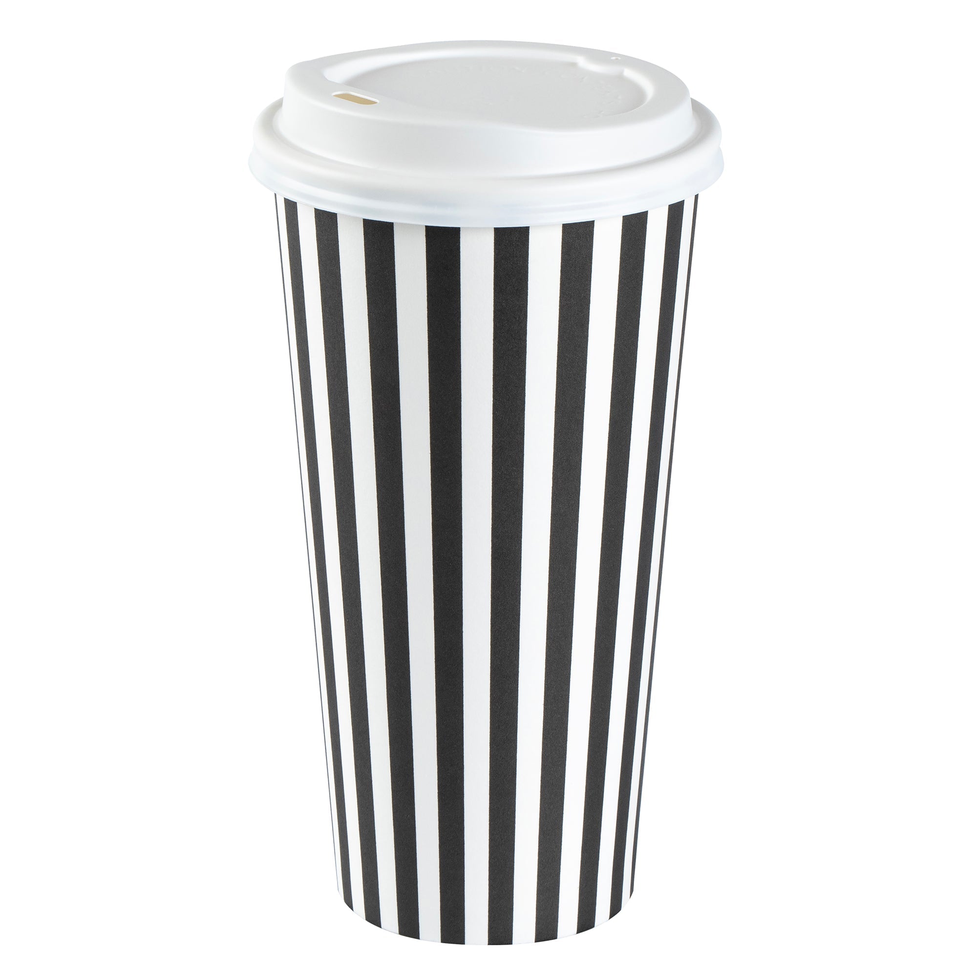 Restpresso 20 oz Black and White Stripe Paper Single Wall Coffee Cup - with White Lid - 3 1/2"x 3 1/2"x 6 1/2" - 400 count box
