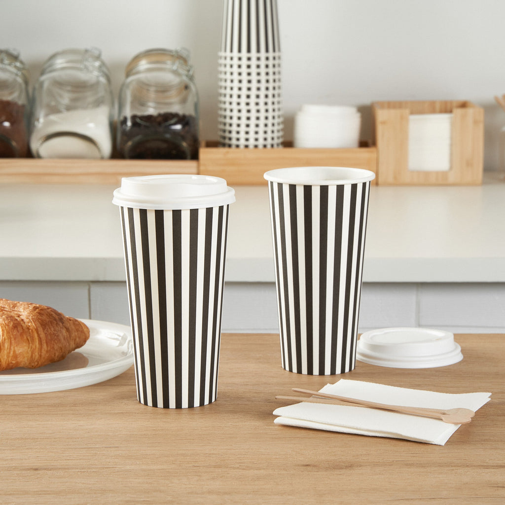 Restpresso 20 oz Black and White Stripe Paper Single Wall Coffee Cup - with White Lid - 3 1/2"x 3 1/2"x 6 1/2" - 400 count box