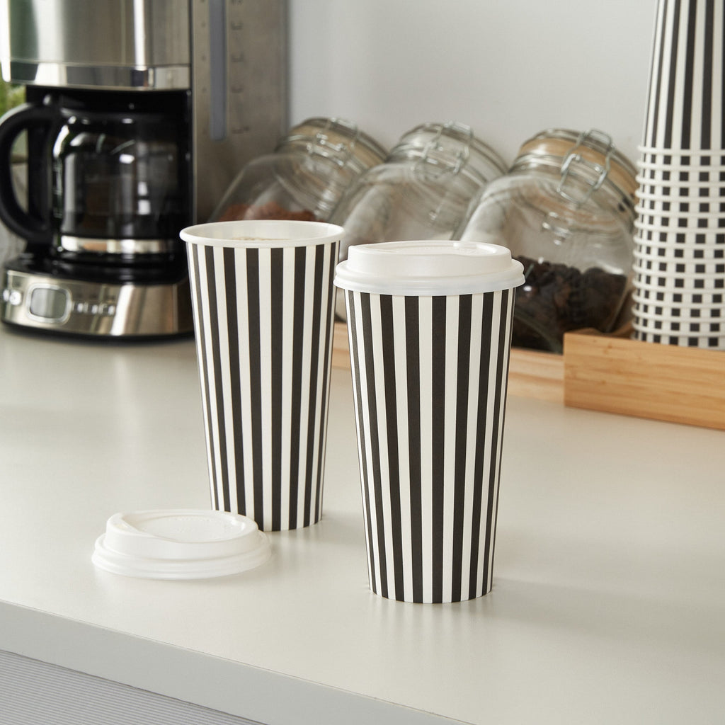 Restpresso 20 oz Black and White Stripe Paper Single Wall Coffee Cup - with White Lid - 3 1/2"x 3 1/2"x 6 1/2" - 400 count box