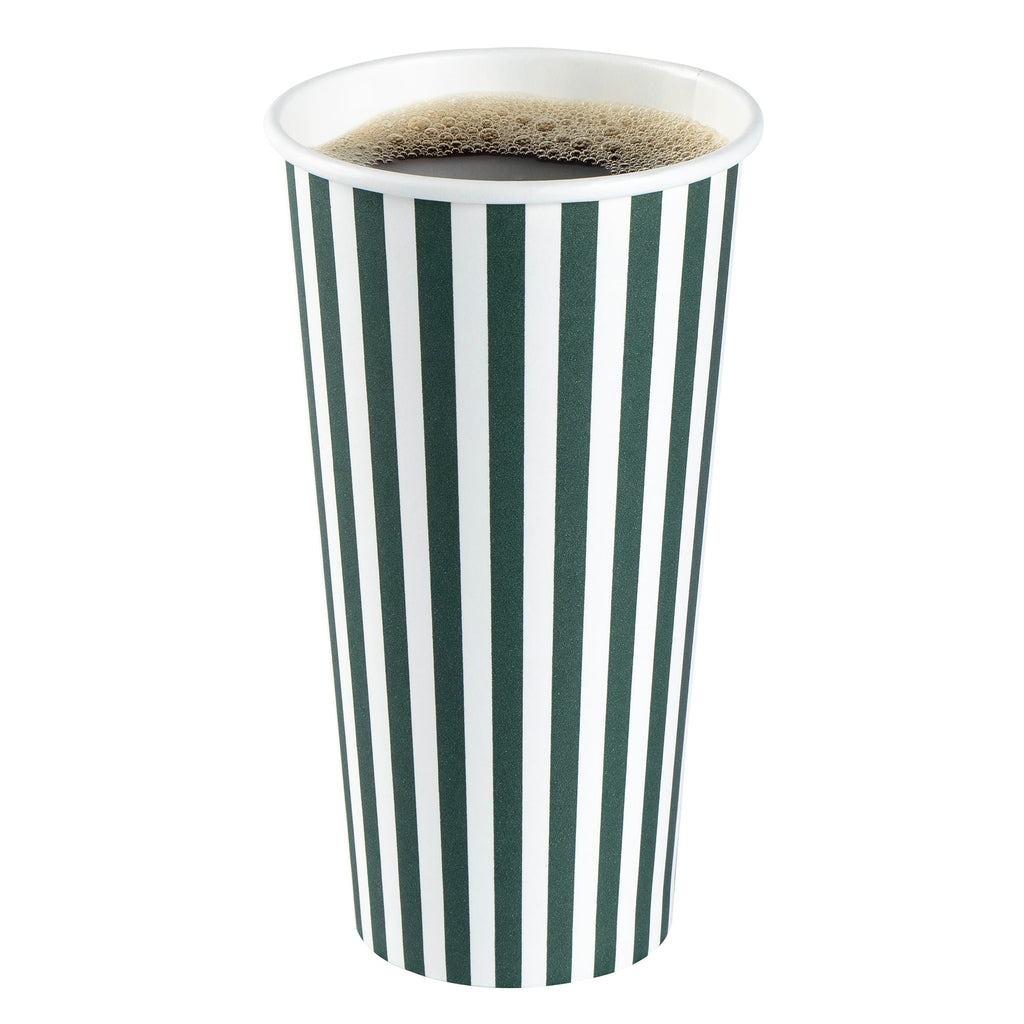 Restpresso 20 oz Forest Green and White Stripe Paper Single Wall Coffee Cup - with White Lid - 3 1/2"x 3 1/2"x 6 1/2" - 20 count box