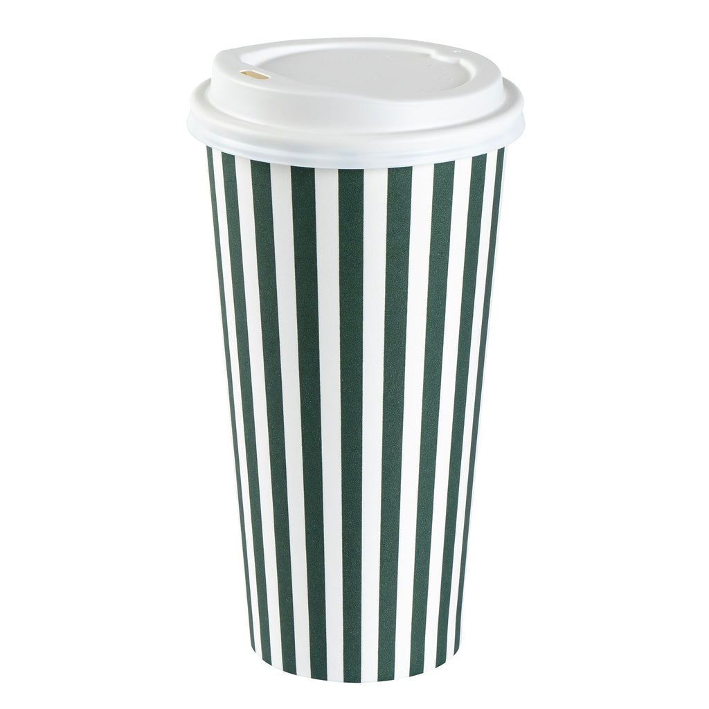 Restpresso 20 oz Forest Green and White Stripe Paper Single Wall Coffee Cup - with White Lid - 3 1/2"x 3 1/2"x 6 1/2" - 400 count box