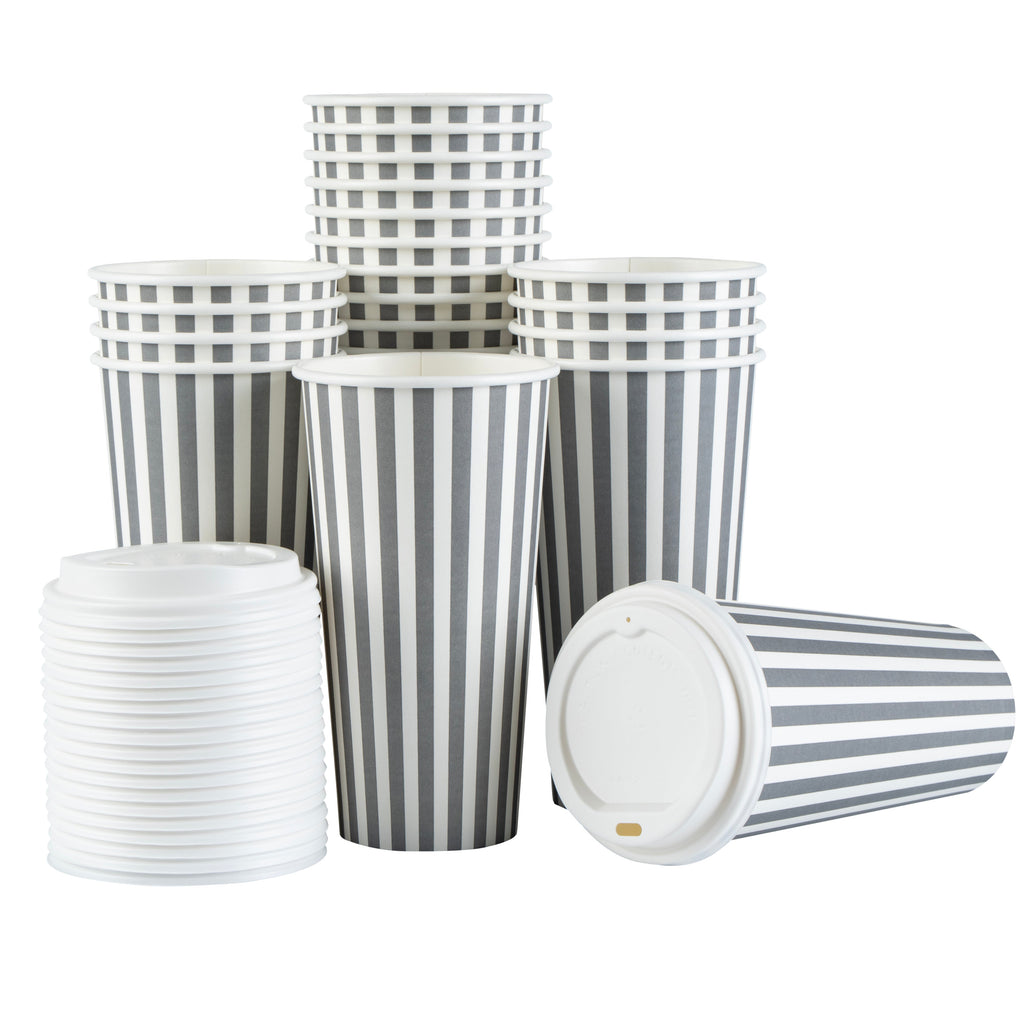 Restpresso 20 oz Gray and White Stripe Paper Single Wall Coffee Cup - with White Lid - 3 1/2"x 3 1/2"x 6 1/2" - 20 count box
