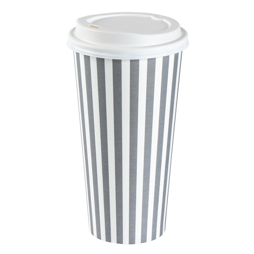 Restpresso 20 oz Gray and White Stripe Paper Single Wall Coffee Cup - with White Lid - 3 1/2"x 3 1/2"x 6 1/2" - 20 count box