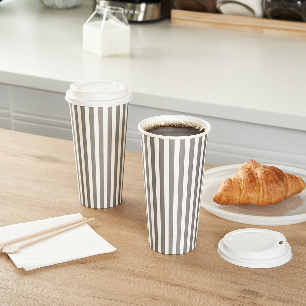 Restpresso 20 oz Gray and White Stripe Paper Single Wall Coffee Cup - with White Lid - 3 1/2"x 3 1/2"x 6 1/2" - 20 count box