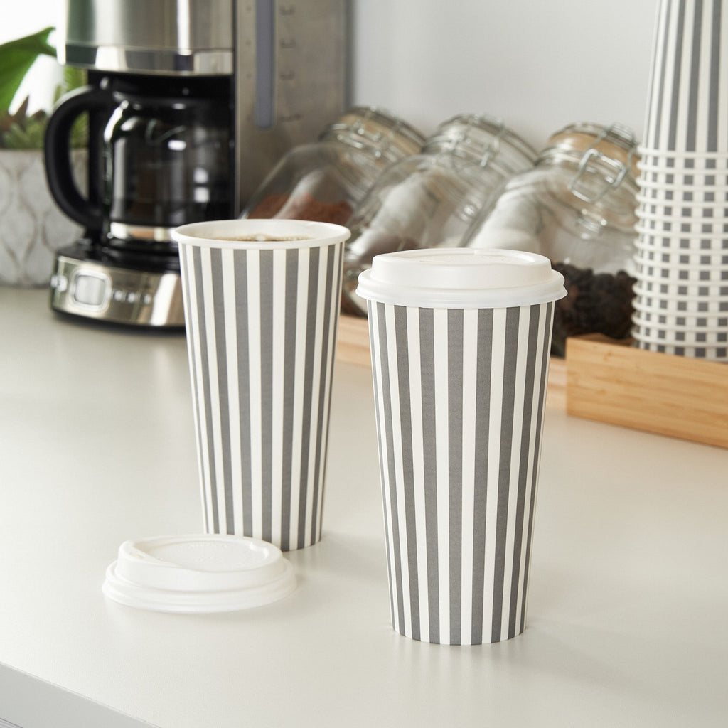 Restpresso 20 oz Gray and White Stripe Paper Single Wall Coffee Cup - with White Lid - 3 1/2"x 3 1/2"x 6 1/2" - 20 count box