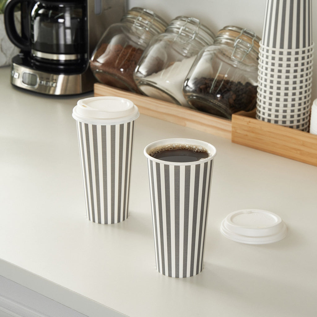 Restpresso 20 oz Gray and White Stripe Paper Single Wall Coffee Cup - with White Lid - 3 1/2"x 3 1/2"x 6 1/2" - 400 count box