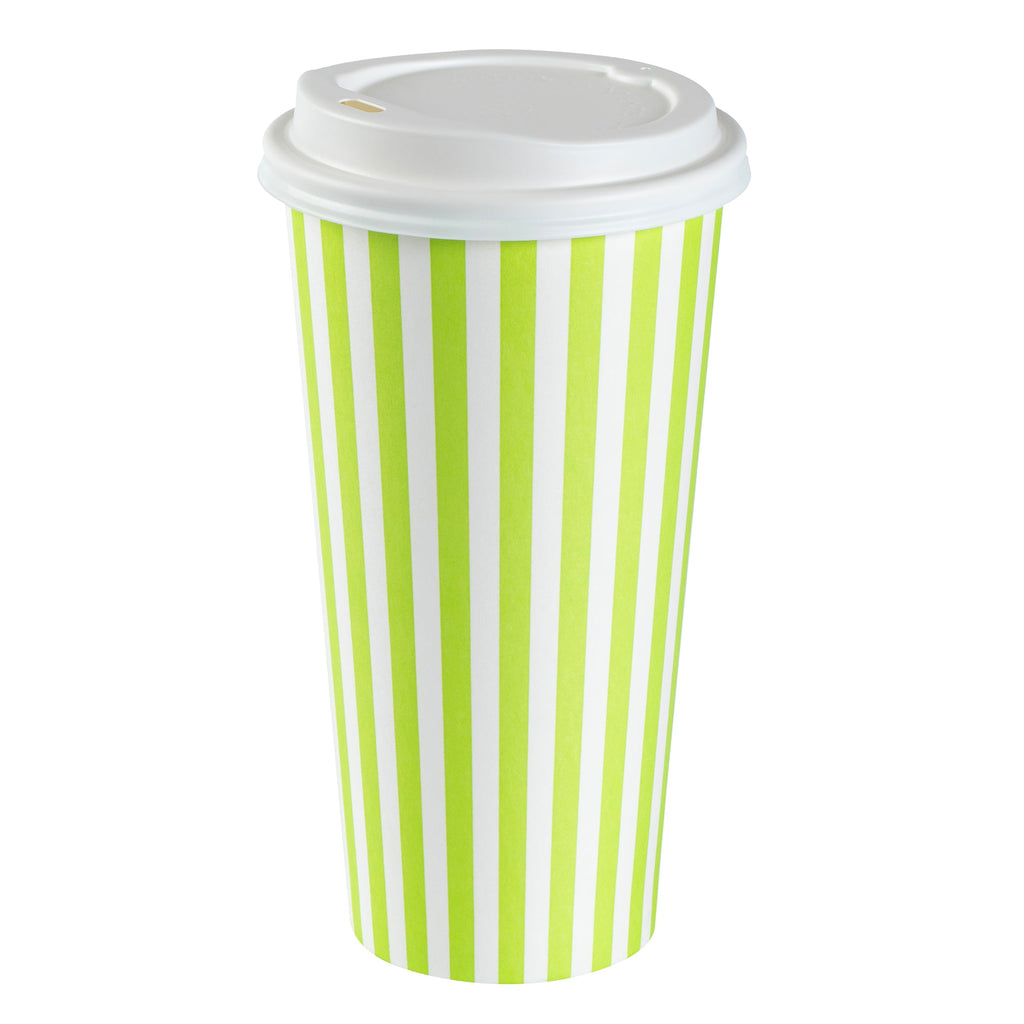 Restpresso 20 oz Green and White Stripe Paper Single Wall Coffee Cup - with White Lid - 3 1/2"x 3 1/2"x 6 1/2" - 400 count box