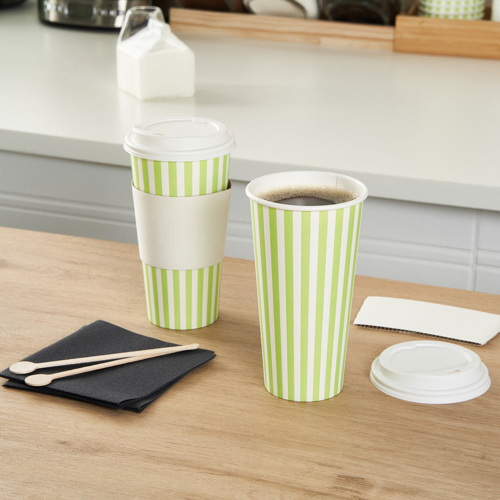 Restpresso 20 oz Green and White Stripe Paper Single Wall Coffee Cup - with White Lid - 3 1/2"x 3 1/2"x 6 1/2" - 400 count box