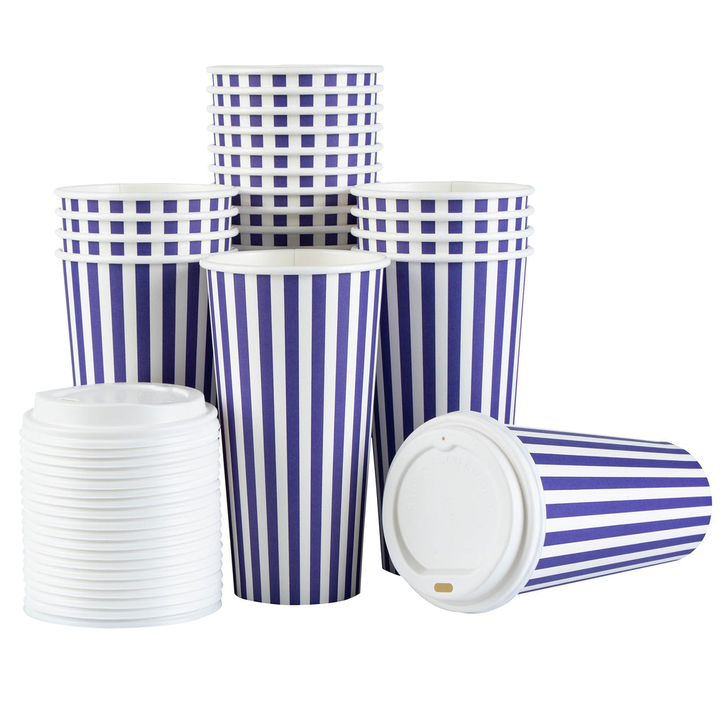 Restpresso 20 oz Purple and White Stripe Paper Single Wall Coffee Cup - with White Lid - 3 1/2"x 3 1/2"x 6 1/2" - 20 count box