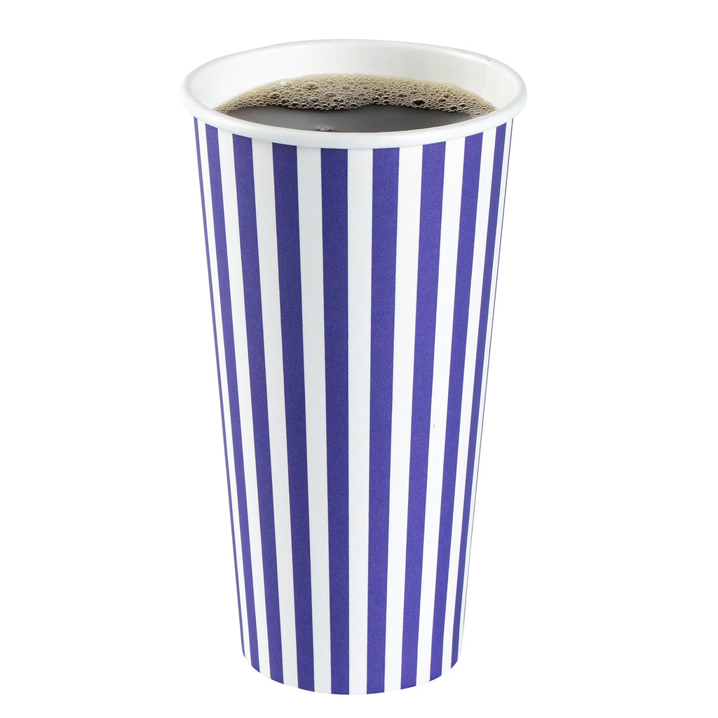 Restpresso 20 oz Purple and White Stripe Paper Single Wall Coffee Cup - with White Lid - 3 1/2"x 3 1/2"x 6 1/2" - 20 count box