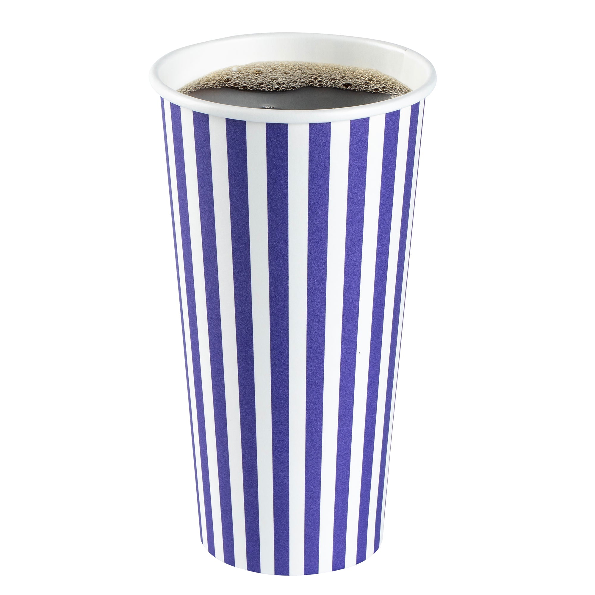 Restpresso 20 oz Purple and White Stripe Paper Single Wall Coffee Cup - with White Lid - 3 1/2"x 3 1/2"x 6 1/2" - 20 count box