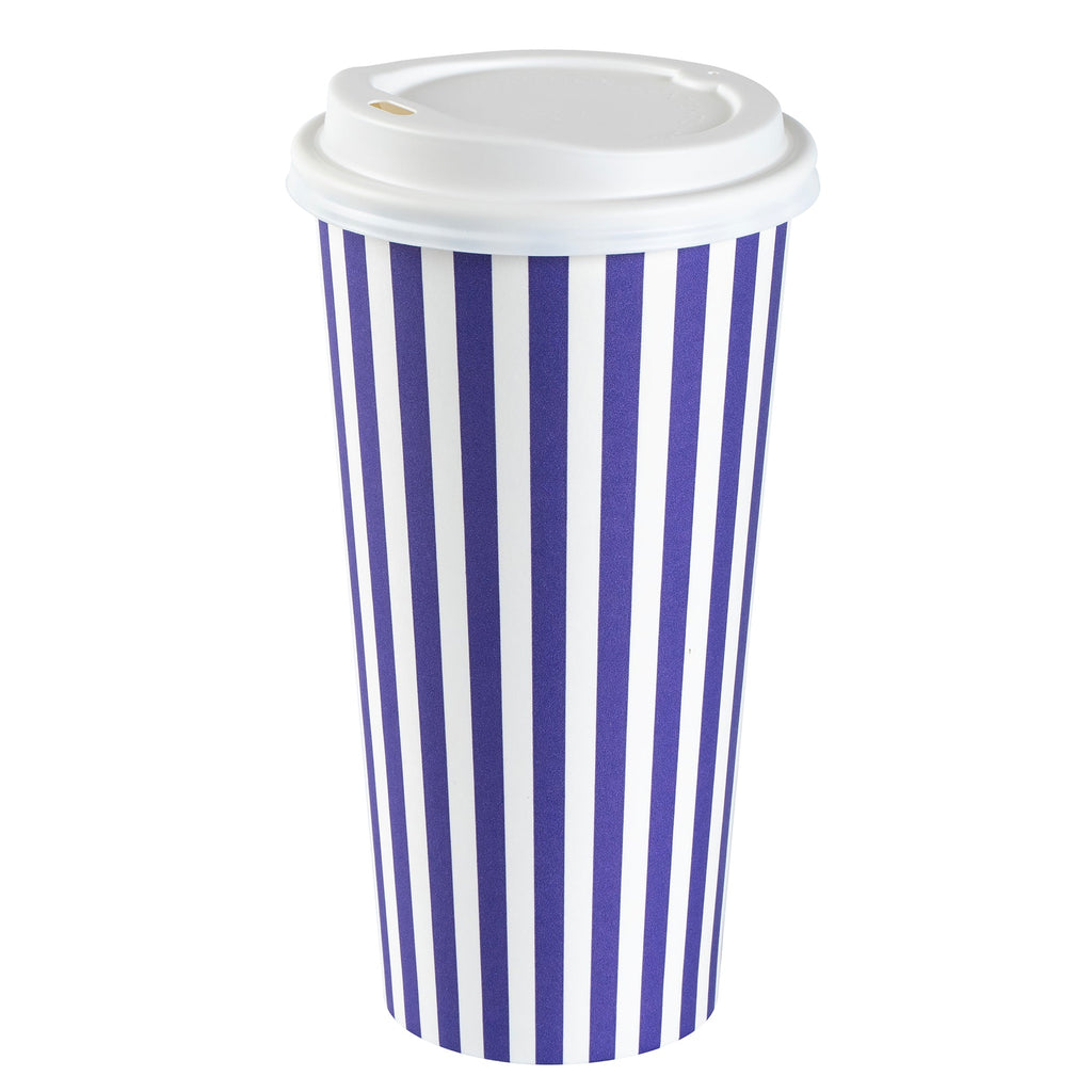 Restpresso 20 oz Purple and White Stripe Paper Single Wall Coffee Cup - with White Lid - 3 1/2"x 3 1/2"x 6 1/2" - 20 count box