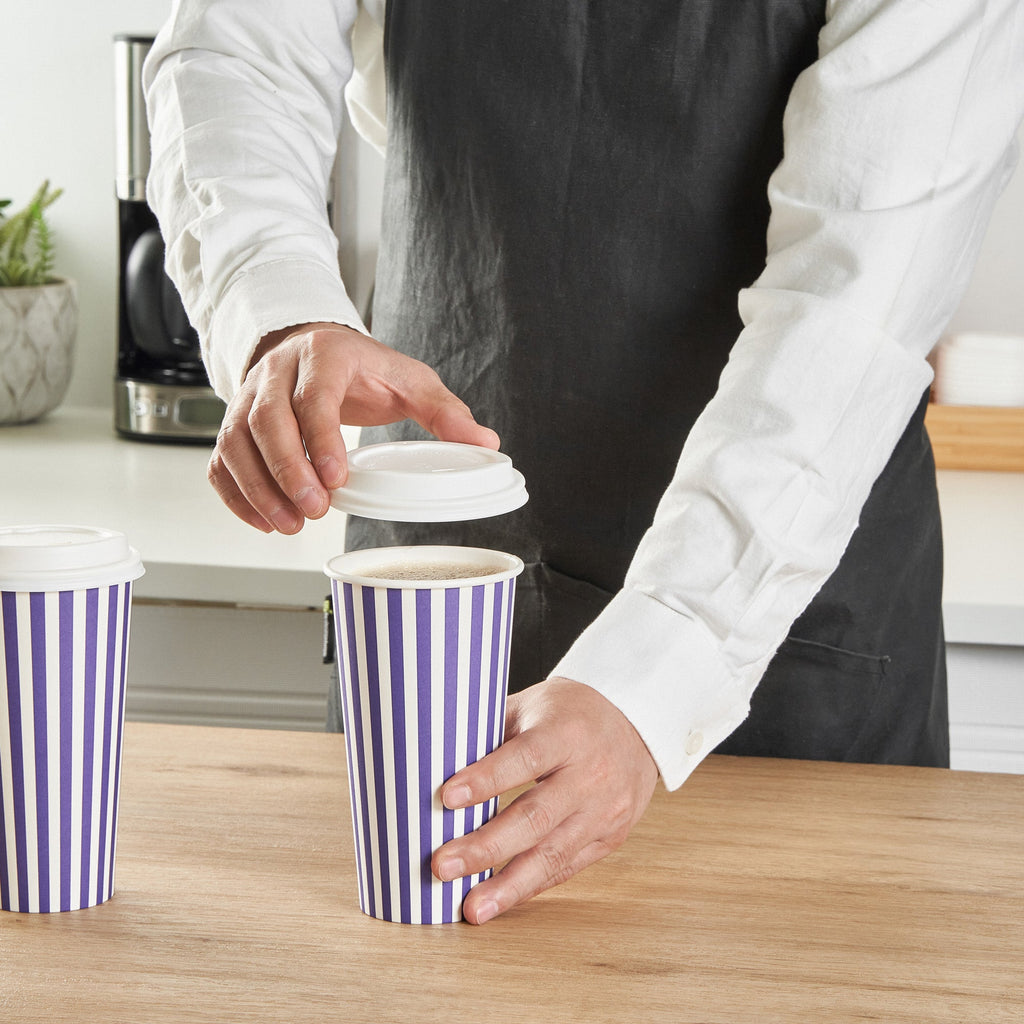 Restpresso 20 oz Purple and White Stripe Paper Single Wall Coffee Cup - with White Lid - 3 1/2"x 3 1/2"x 6 1/2" - 20 count box