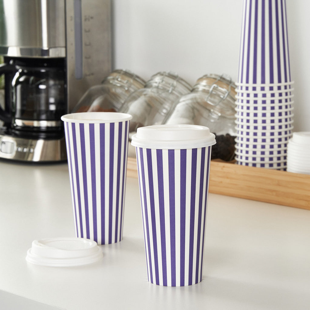 Restpresso 20 oz Purple and White Stripe Paper Single Wall Coffee Cup - with White Lid - 3 1/2"x 3 1/2"x 6 1/2" - 20 count box