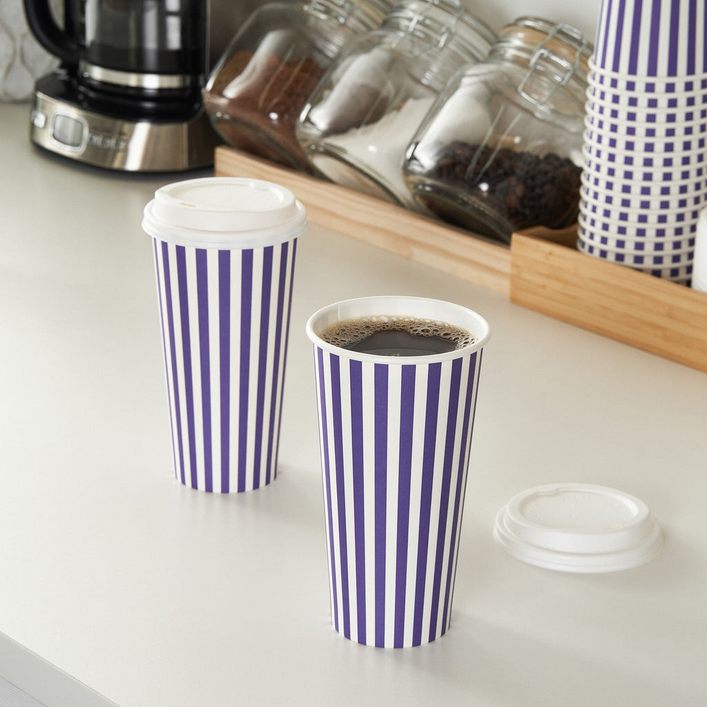 Restpresso 20 oz Purple and White Stripe Paper Single Wall Coffee Cup - with White Lid - 3 1/2"x 3 1/2"x 6 1/2" - 400 count box