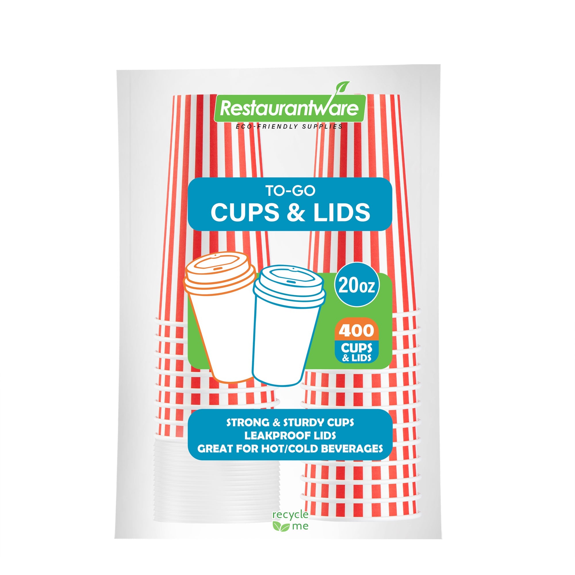 Restpresso 20 oz Red and White Stripe Paper Single Wall Coffee Cup - with White Lid - 3 1/2"x 3 1/2"x 6 1/2" - 20 count box