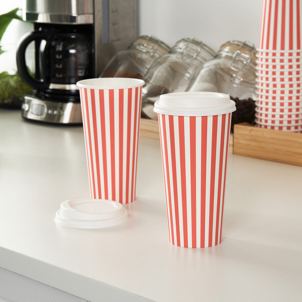 Restpresso 20 oz Red and White Stripe Paper Single Wall Coffee Cup - with White Lid - 3 1/2"x 3 1/2"x 6 1/2" - 20 count box
