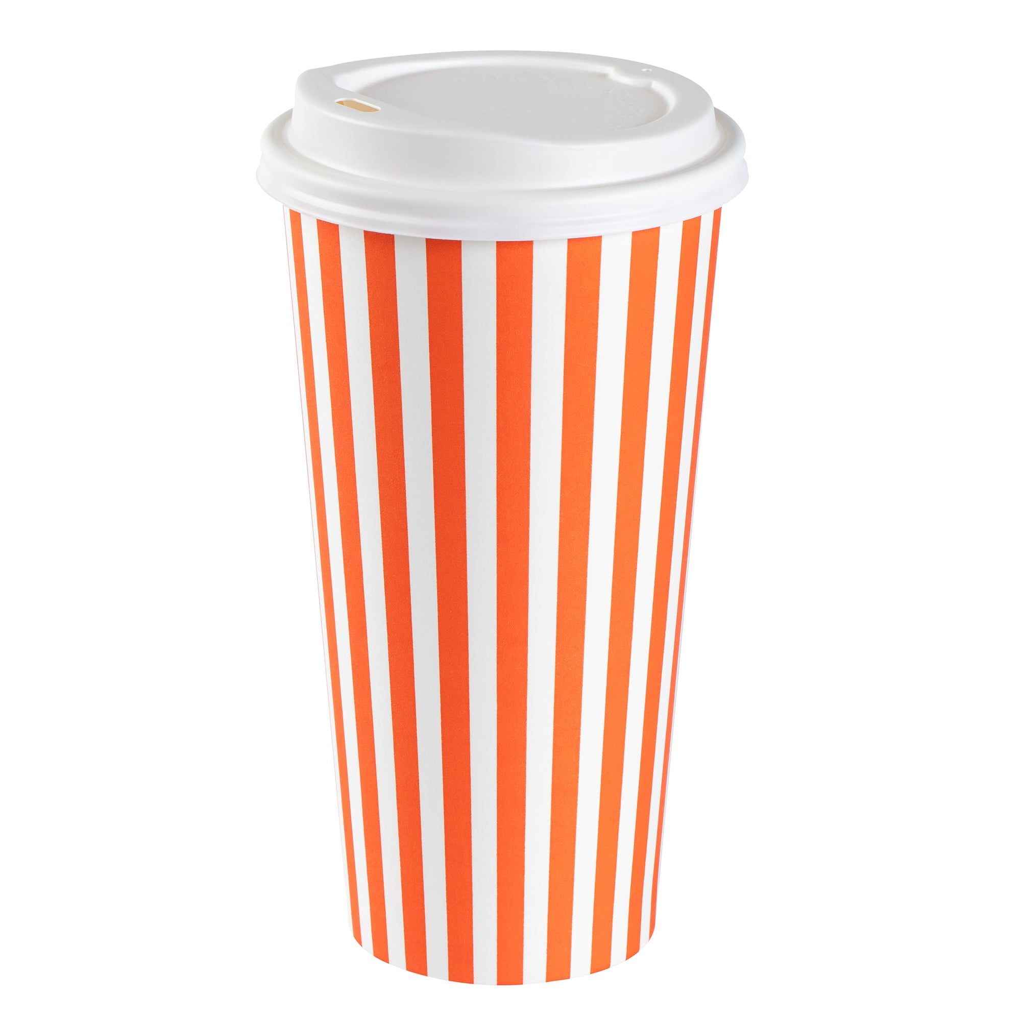 Restpresso 20 oz Orange and White Stripe Paper Single Wall Coffee Cup - with White Lid - 3 1/2"x 3 1/2"x 6 1/2" - 400 count box