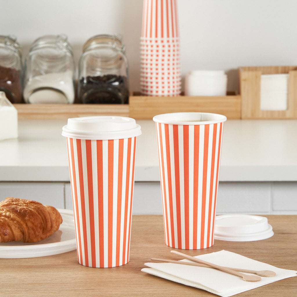 Restpresso 20 oz Orange and White Stripe Paper Single Wall Coffee Cup - with White Lid - 3 1/2"x 3 1/2"x 6 1/2" - 400 count box