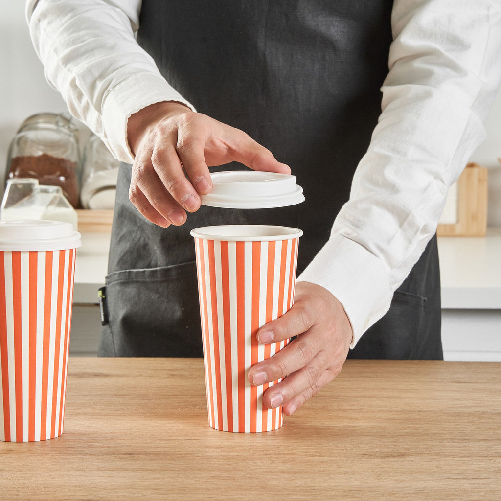 Restpresso 20 oz Orange and White Stripe Paper Single Wall Coffee Cup - with White Lid - 3 1/2"x 3 1/2"x 6 1/2" - 400 count box