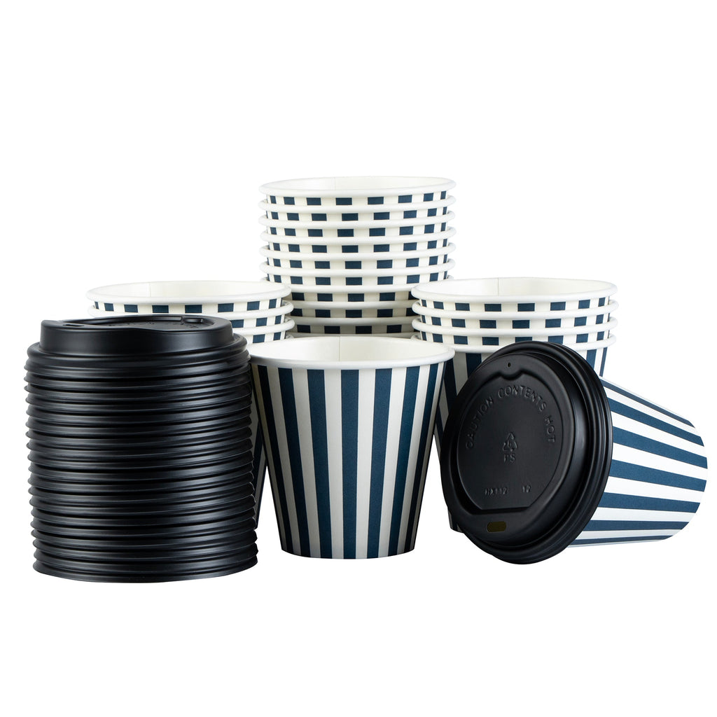 Restpresso 8 oz Blue and White Stripe Paper Single Wall Coffee Cup - with Black Lid - 3 1/2" x 3 1/2" x 3 1/4" - 20 count box