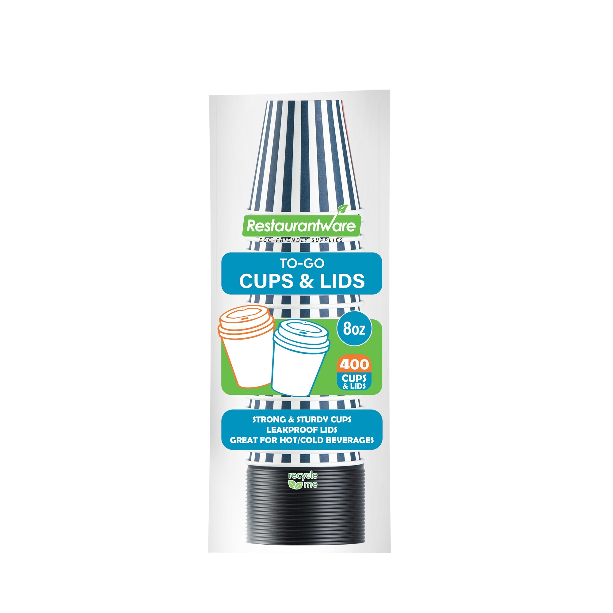 Restpresso 8 oz Blue and White Stripe Paper Single Wall Coffee Cup - with Black Lid - 3 1/2" x 3 1/2" x 3 1/4" - 20 count box