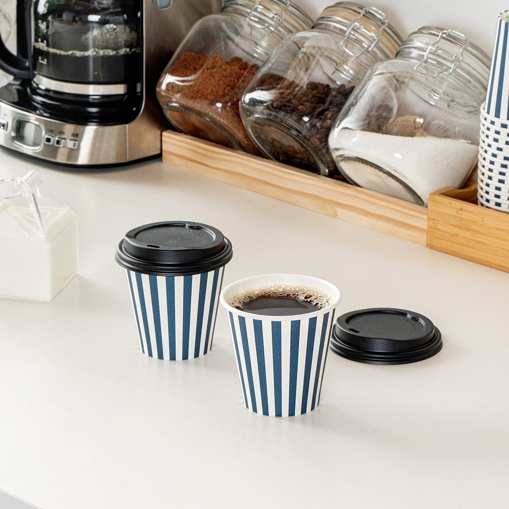 Restpresso 8 oz Blue and White Stripe Paper Single Wall Coffee Cup - with Black Lid - 3 1/2" x 3 1/2" x 3 1/4" - 20 count box