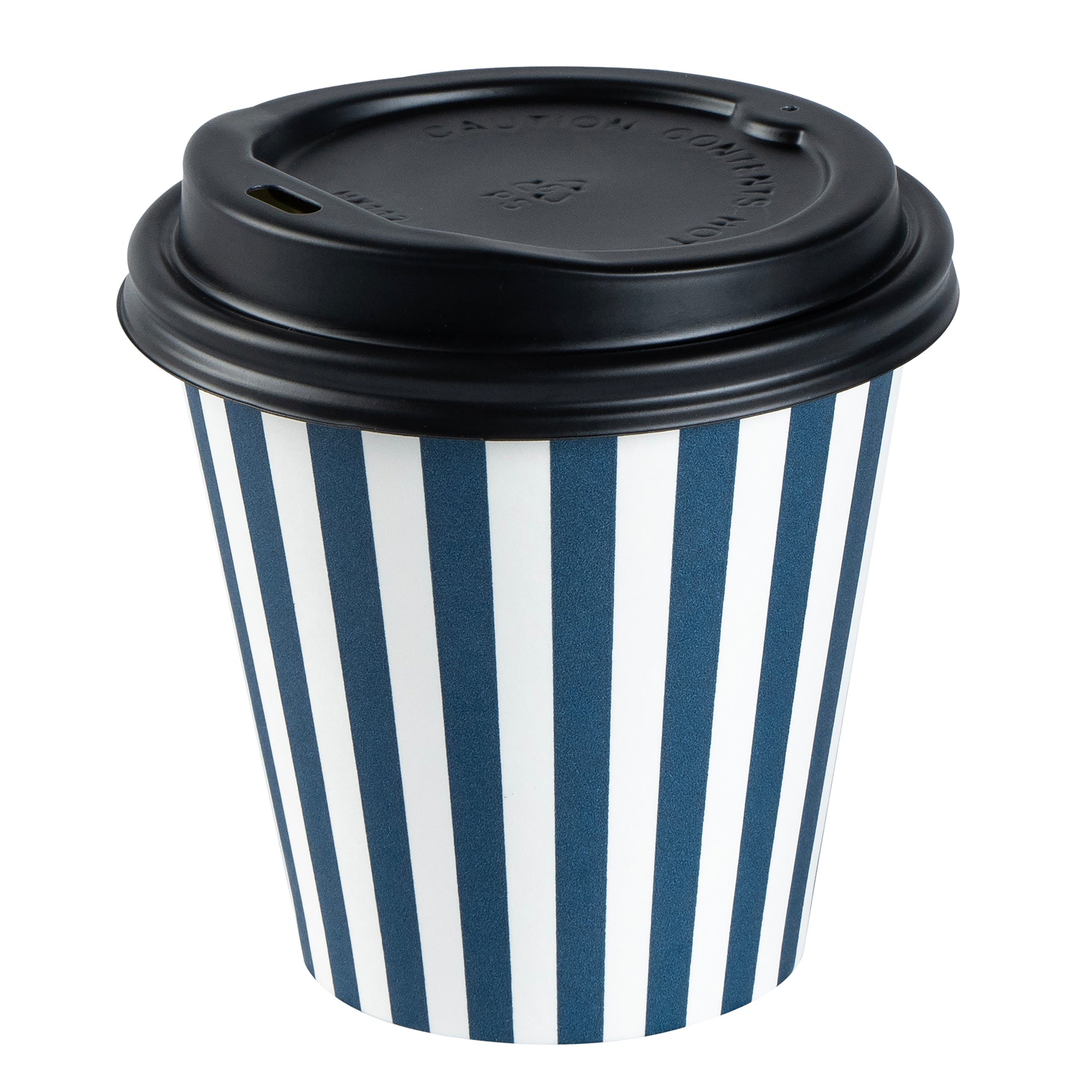 Restpresso 8 oz Blue and White Stripe Paper Single Wall Coffee Cup - with Black Lid - 3 1/2" x 3 1/2" x 3 1/4" - 20 count box