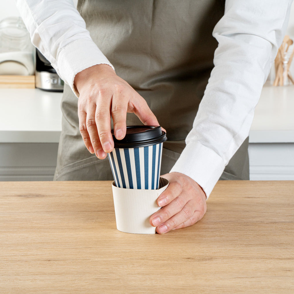Restpresso 8 oz Blue and White Stripe Paper Single Wall Coffee Cup - with Black Lid - 3 1/2" x 3 1/2" x 3 1/4" - 20 count box