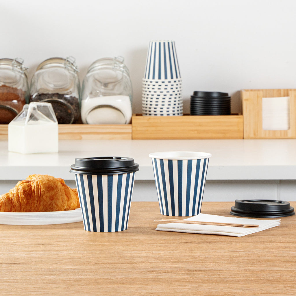 Restpresso 8 oz Blue and White Stripe Paper Single Wall Coffee Cup - with Black Lid - 3 1/2" x 3 1/2" x 3 1/4" - 400 count box